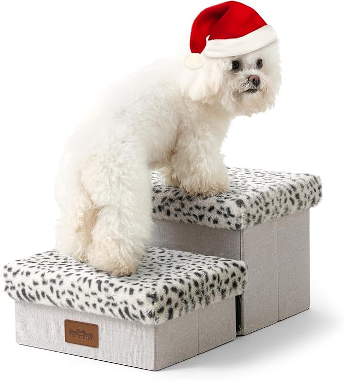Dog Stair for Small Dogs with Storage, Foldable Pet Stairs for Medium or Puppy Dogs and Older Cats, Dog Steps for Bed or Couch with Soft Cover, 19.7x13x9.6 inch, 2 Tiers, Leopard-PawvioPets