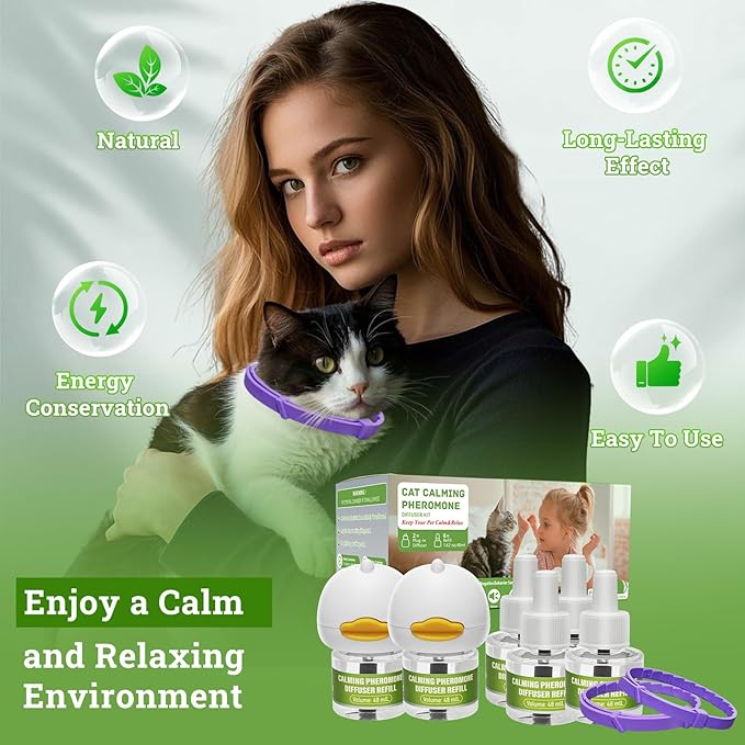 2 Diffusers& 6 Refills +2pcs Calming Collar Cat Calming Diffuser, Plug in Diffuser Cat Pheromone Calming Diffuser Starter Kit Helps Ruduce Anxious, Anti-Stress & Comforts Cats-PawvioPets