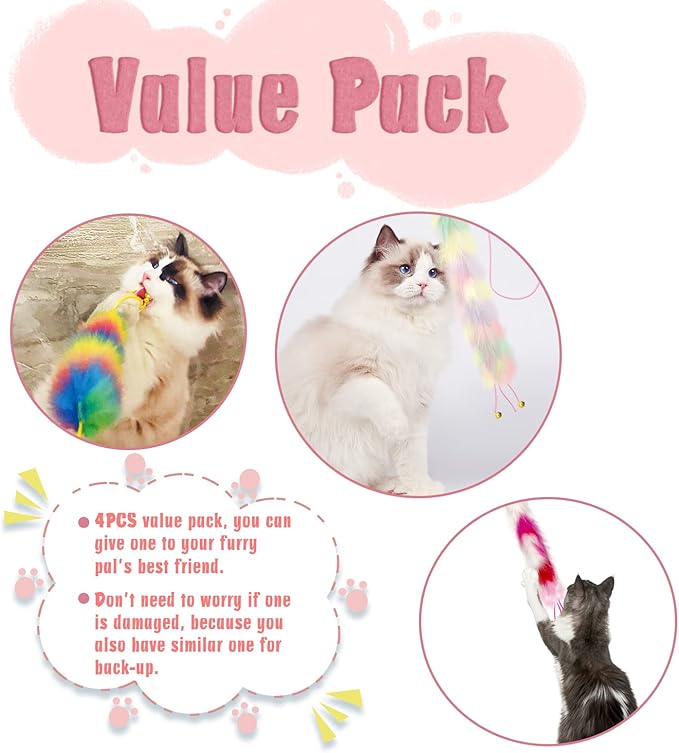4 Pack Cat Wand Toy, Rainbow Cat Feather Toys with Bells, Teaser Wand with Soft Furry Tail, Interactive Toys for Indoor Cats & Kitten & Kitty-PawvioPets