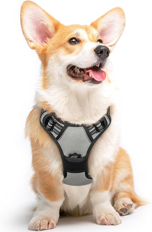 Eagloo Dog Harness Medium Sized Dog, No Pull Service Vest with Reflective Strips and Control Handle, Adjustable and Comfortable for Easy Walking, No Choke Pet Harness with 2 Metal Rings, Grey, M-PawvioPets