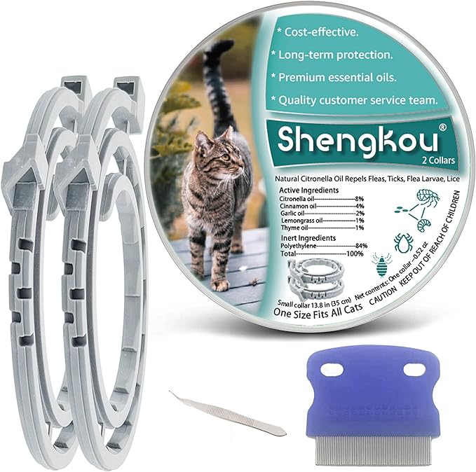 Flea and Tick Collar for Cats - Offers 12-Month Protection, Crafted with Premium Plant Oils, Waterproof, Natural, Safe for Kittens, Includes Free Comb and Tweezers, 13.8 in (2 Packs)-PawvioPets