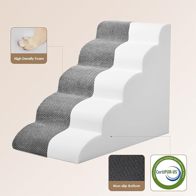 EHEYCIGA Curved Dog Stairs Ramp for High Beds 22.6" H, 5-Step Dog Steps for Small Dogs and Cats, Pet Stairs for High Bed Climbing, Non-Slip Balanced Pet Step Indoor, Grey-PawvioPets