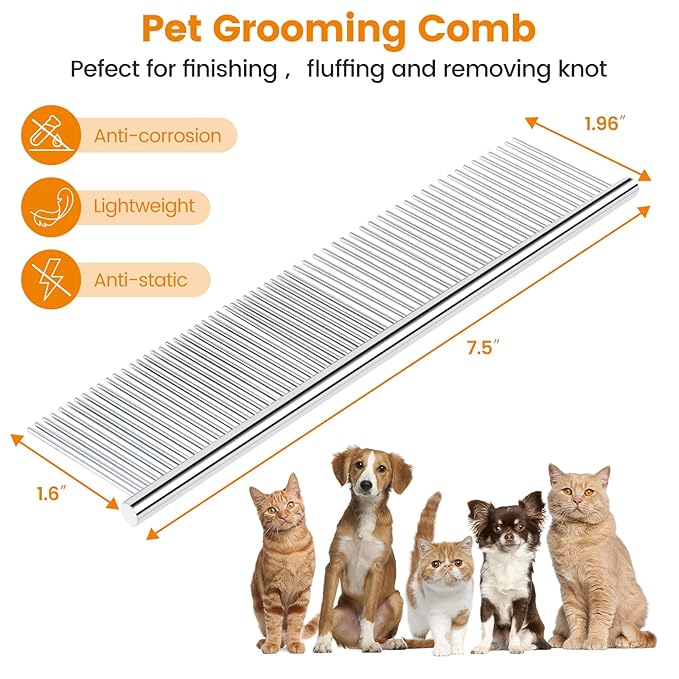 2Pcs Stainless Steel Dog Comb, Round Tooth Cat Comb with 2 Tooth Widths, Metal Combs for Removing Knots and Tangles, Grooming Tool for Long and Short Hair Pets, 7.5 IN Silver-PawvioPets