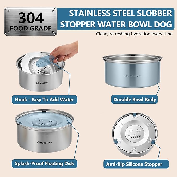 Dog Water Bowl No Spill,3L/101oz Large Spill Proof Water Bowl for Dogs, Stainless Steel Slobber Stopper Slow Drinking Dog Bowl Anti Splash Pet Water Dispenser for Messy Drinkers-PawvioPets