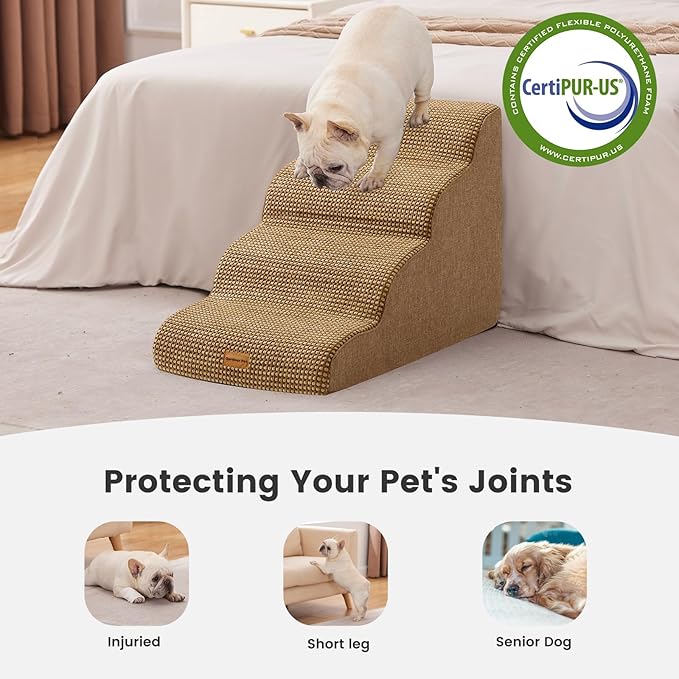 Gardner Pet Dog Stairs for Small Dogs 19.7" H, 4-Step Brown Curved Pet Stairs, Dog Steps for High Bed (18-24 in), Couch with Durable Non-Slip Waterproof Fabric Cover and CertiPUR-US Certified Foam-PawvioPets