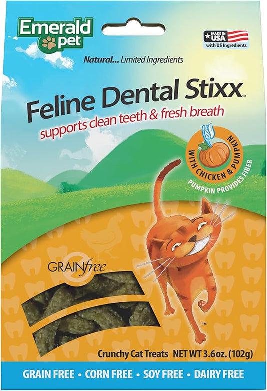Emerald Pet Feline Dental Stixx — Tasty and Crunchy Cat Dental Sticks with Pumpkin for Digestive Health — Natural Grain Free Dental Treats for Clean Cat Teeth and Fresh Breath — Chicken Stixx, 3.6 oz-PawvioPets