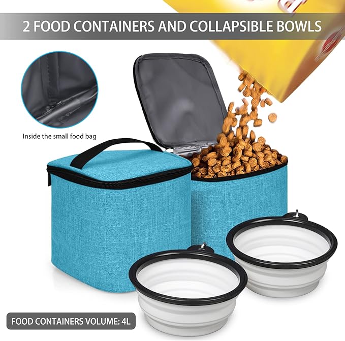 BAGLHER Pet Travel Bag, Double-Layer Pet Supplies Backpack (for All Pet Travel Supplies), Pet Travel Backpack with 2 Silicone Collapsible Bowls and 2 Food Baskets Sky Blue-PawvioPets