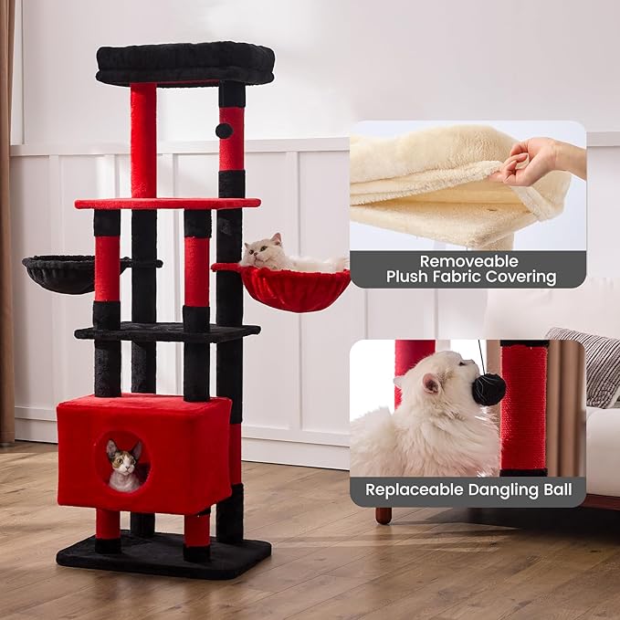 Gardner Pet 65in Heavy Duty Cat Tree Tower for Large Cats, Multi-Level Cat Furniture with Replaceable Sisal Scratching Post, Hammock | Extra-Large Platform & Condo (Black Red, Basic φ:2.84")-PawvioPets