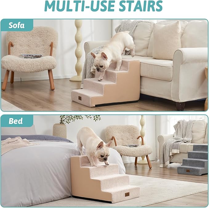 Dog Stairs for Small Dogs, 4 Tier Wider Pet Stairs for Couch and Beds, 17.7" H Non-Slip Dog Steps for Old Cats, Puppy, Small Medium Dogs, 17.7x23.6x17.7 inch, Beige-PawvioPets