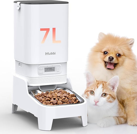 Automatic Cat Feeders, 7L/29 Cups Automatic Dog Feeder, Cat Food Dispenser, No-Jam Rotor, Up to 6 Meals for 2-15 mm Dry Food, with Elevated Stand, Stainless Steel Bowl-PawvioPets