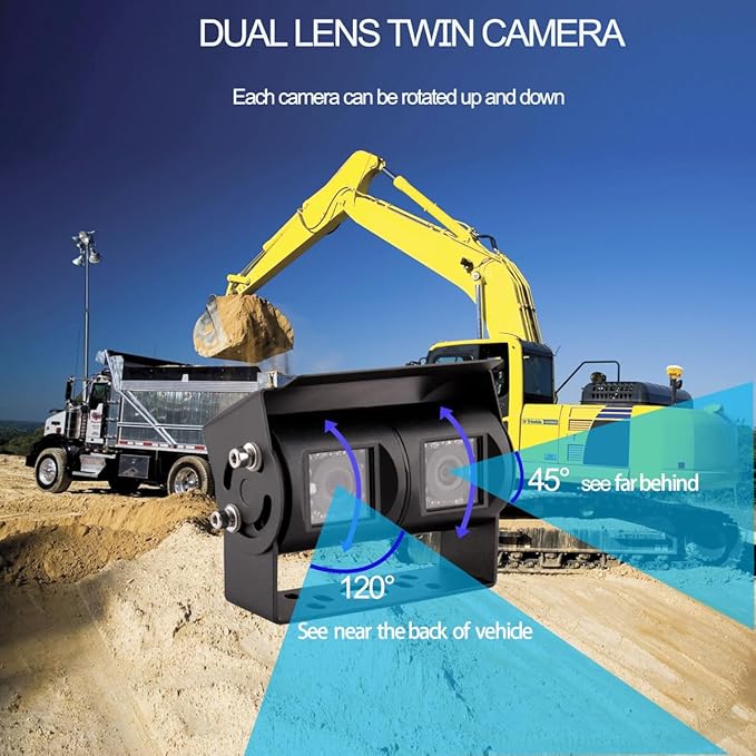 AHD 1080P 7" Reverse Rear View Backup Dual Twin Lens Camera System, Point Each Lens in a Different Direction, IR, Waterproof, 10G Vibration-Proof for Tractor/Truck/Camper/Caravan/Skid Steer/Harvester-PawvioPets