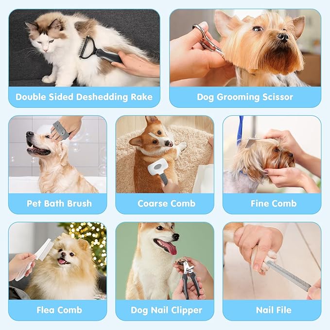 Cat Grooming Brush, 9PCS Dog Brush Kit with Pet Nail Clipper and File, Deshedding Brush for Cats, Cats Dog Shedding Brushs for Small Large Pets, Includes Flea Comb, Bath Brushs,Undercoat Rake (Grey)-PawvioPets