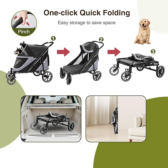 Dog Stroller for Medium/Large Dogs One-Click Folding, Extra Large Pet Stroller for 2 Dogs with Storage Pocket & Shock Absorption, Up to 130 lbs, Grey-PawvioPets