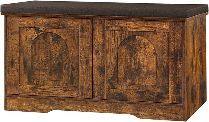 DINZI LVJ Shoe Bench, Entryway Storage Bench with Doors, Cushion, 2-Tier Shoe Rack with 6-Cubby, 31.5”L x 13.8”W Shoe Organizer Cabinet, Adjustable Shelf, Living Room, Bedroom, Rustic Brown-PawvioPets