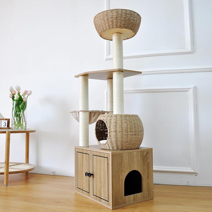 56.7" Tall Rattan Cat Tree for Indoor Cats, Multi-Level Wooden Cat Tower with Scratching Posts, Large Cat Climbing Furniture with Perches-PawvioPets