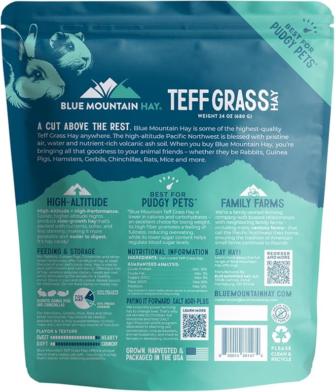 Blue Mountain Hay | Fresh Teff Grass Hay (24 Ounce) | Low NSC, High Fiber, Healthy Weight Management | High-Altitude Hay Pet Food for Rabbits, Guinea Pigs, Chinchillas, Hamsters, and Other Small Pets-PawvioPets