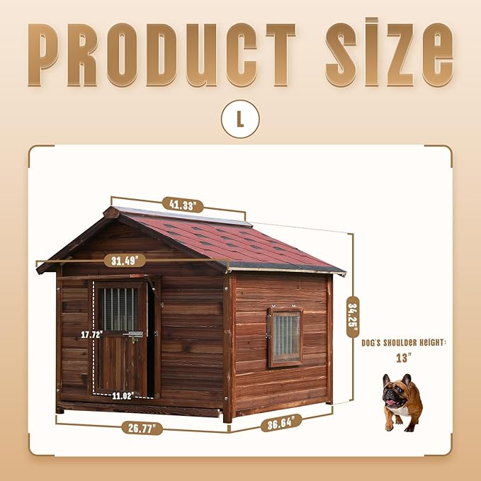 Extra Large Dog House Outdoor Made of Solid Pine Wood, Warm Doghouse, Dog House with Elevated Floor for Medium Dogs, (Wood, L)-PawvioPets