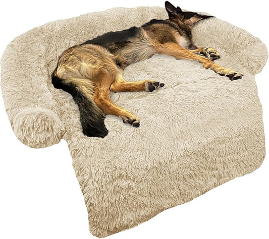 Calming Dog Bed Fluffy Plush Dog Mat for Furniture Protector with Removable Washable Cover for Large Medium Small Dogs and Cats (Large, Beige)-PawvioPets