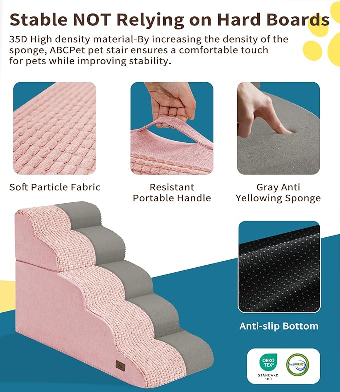 Dog Step for Bed, Dog Stair 5-Step 35D Pet Stair 22.8" H for High Bed or Sofa Non-Slip Balanced Pet Step Indoor, Pink-PawvioPets