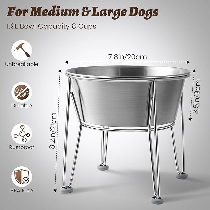Elevated Dog Bowls for Large & Medium Dogs - Stainless Steel 64oz/8 Cup Raised Feeder with Non-Slip Base, Dual Food & Water Bowls 2-Pack-PawvioPets