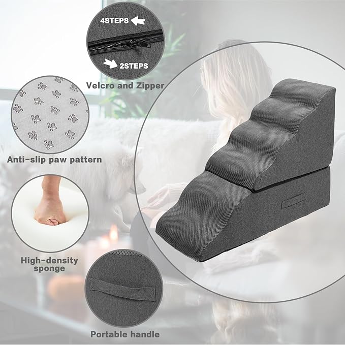 Dog Steps for High Beds 30-32" H - 6-Step Dog Stairs for Small Dogs, 33D Foam Pet Steps for High Bed with Non-Slip Bottom and Washable Cover, Dogs Ramp for Bed Indoor, Dark Grey-PawvioPets