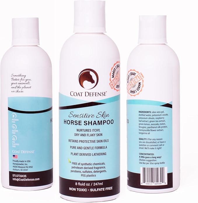 COAT DEFENSE Sensitive Skin Shampoo for Horses | All-Natural & Made in USA | Hypoallergenic Aloe Based - Soothes and Relieves Itchy, Dry and Inflamed Skin | Safe for Everyone | 8oz. Concentrated-PawvioPets