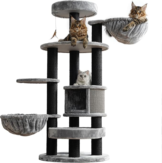 Extra Large Cat Tree for Maine Coon,65 Inches Tall Cat Tree Tower for Indoor Cats Large Adult 20 lbs,XXL Heavy Duty Luxury Sturdy Cat House with Big Hammock,Sisal Scratching Post,Condo-PawvioPets