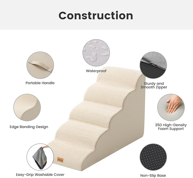 Gardner Pet Dog Stairs for Small Dogs 22.8" H, 5-Step Beige Curved Pet Stairs, Dog Steps for High Bed, Couch (24-30 in) with Durable Non-Slip Waterproof Fabric Cover and CertiPUR-US Certified Foam-PawvioPets