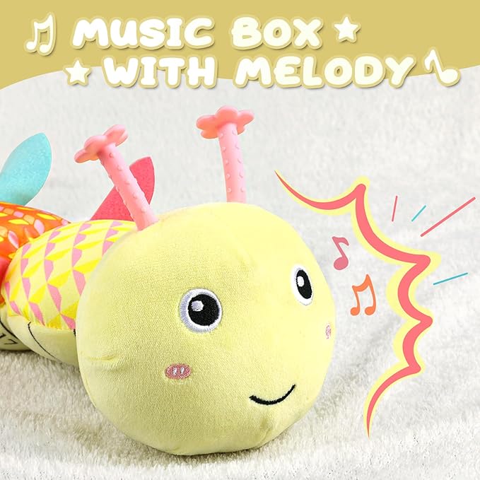 Baby Toys 0 to 12 Months, Musical Stuffed Animal Activity Soft Toys with Multi-Sensory Crinkle, Rattle and Textures, Infant Tummy Time Toys for Newborn Boys Girls, Caterpillar, Yellow-PawvioPets