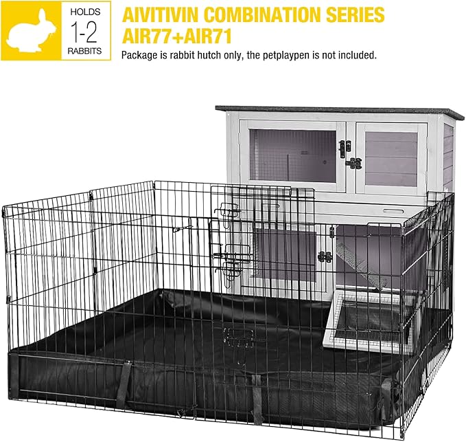 Aivituvin 2-Tier Rabbit Hutch with Tarp Door and Wheels Bunny Cage Indoor Outdoor Guinea Pig Cage Expandable with Pet Playpen 36" L, Grey-PawvioPets