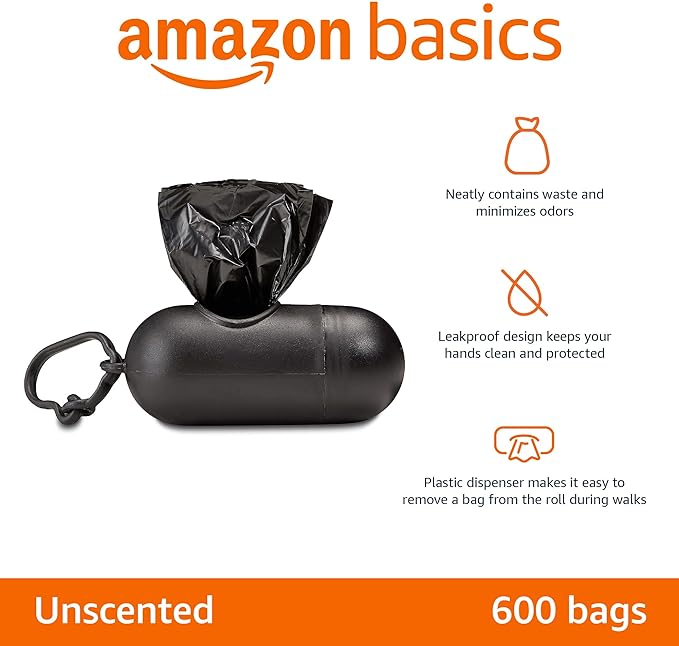 Amazon Basics Dog Poop Bags with Dispenser, 600 Count, Enhanced for Guaranteed Leakproof, Unscented, Includes Leash Clip-PawvioPets