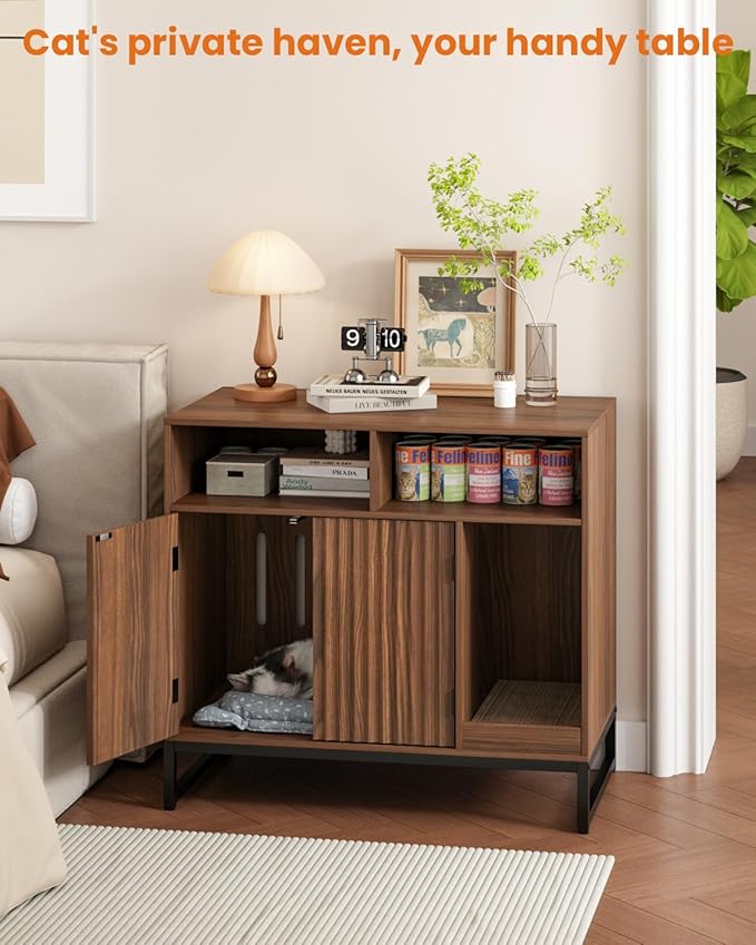 Cat Litter Box Enclosure, Large Hidden Pet Storage Cabinet Furniture with Waveform Fluted Doors & Scratching Pad, Modern Wooden Cat House Indoor for Washroom, Living Room, Bedroom, Rustic Brown-PawvioPets