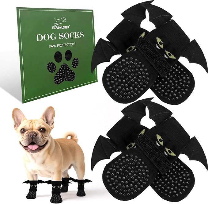 EXPAWLORER Halloween Anti Slip Dog Socks to Prevent Licking Paws, Boots & Paw Protectors with Grippers,Doggie Booties for Hardwood Floors for Small Medium Large Senior Dogs Costume Black Devil Wings M-PawvioPets