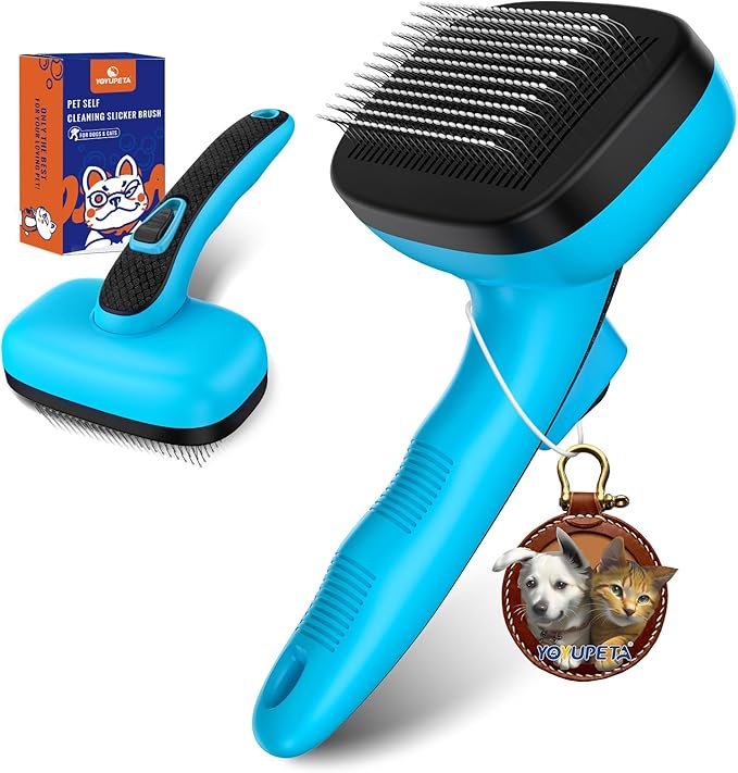 Dog Self Cleaning Slicker Brush for Shedding, Ideal for Short Long Haired Dogs, Including Cat. Removes Loose Fur, Undercoat, Mats, Tangled Hair. Suit for Large Medium Small Animal. Blue-PawvioPets