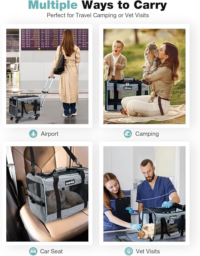 Dog Cat Carrier with Wheels, Airline Approved Pet Carrier for Cats Dogs 15lbs 20 lbs with Double-Sided Mat, Safety Leash and Shoulder Strap, Grey-PawvioPets