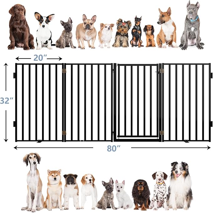 Free Standing Dog Gate with Door for Indoor Outdoor, Portable Dog Fence Foldable Design, Metal Black 32" Tall, Expandable 4 Panels Use for Front Door, Yard, Stairs-PawvioPets