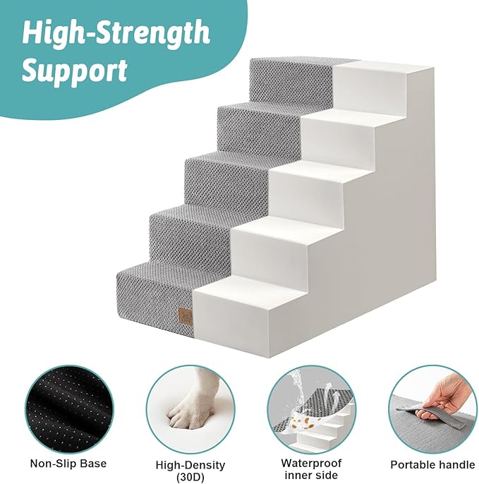 Dog Stairs for Small Dogs, 5 Tier Wider Pet Stairs for High Beds, 23.6" H Non-Slip Dog Steps for Old Cats, Puppies, Small Medium Dogs, 29.5x19.7x23.6 inch, Grey-PawvioPets