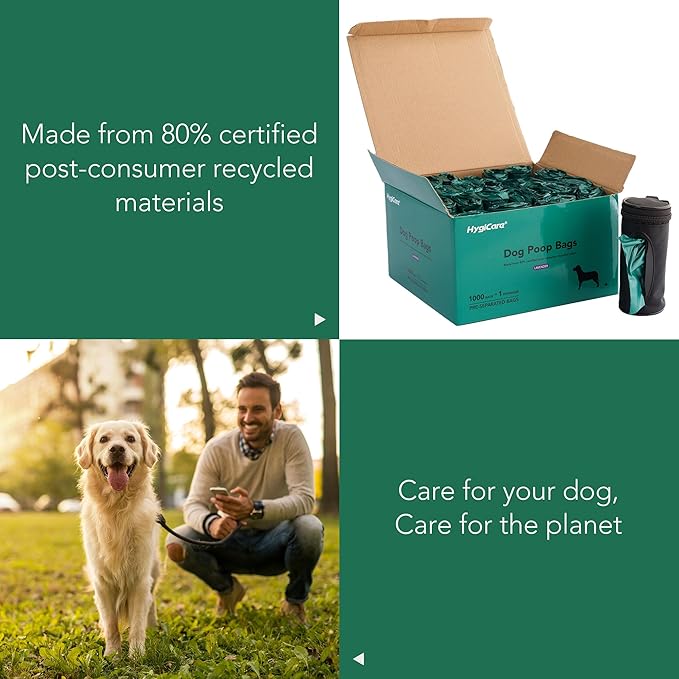 Extended Dog Poop Bags with Dispenser, 1000 Count, Pre-Separated, Lavender Scent, Eco-friendly Material, Extra Thick, 100% Leakproof, 8"x 15.6", Green-PawvioPets