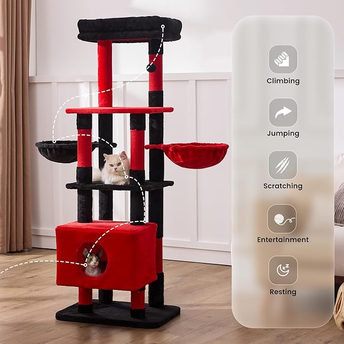 Gardner Pet 65in Heavy Duty Cat Tree Tower for Large Cats, Multi-Level Cat Furniture with Replaceable Sisal Scratching Post, Hammock | Extra-Large Platform & Condo (Black Red, Basic φ:2.84")-PawvioPets