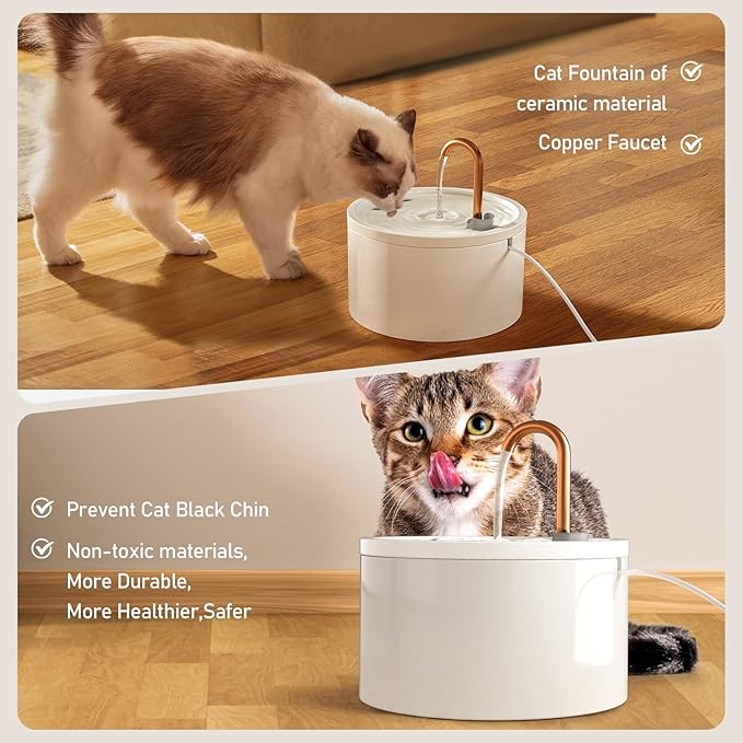 DOOOB Ceramic Cat Water Fountain, 2.1L/71oz Ceramic Cat Fountain, Automatic Ceramic Water Fountain for Cats, Pet Water Fountain with Ultra-Quiet Pump and 3 Filters & 3 Sponges (White)-PawvioPets