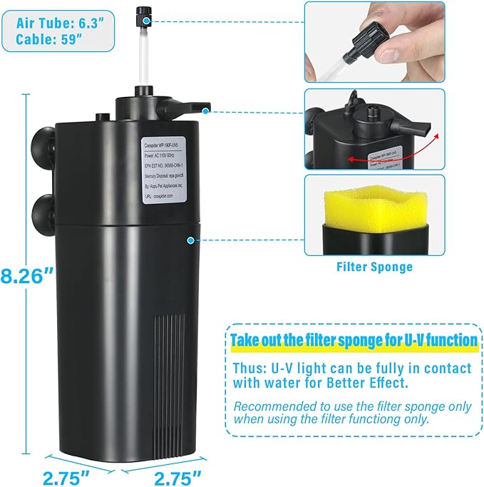 Aquarium U-V Filter for 10-40 gal, 132 GPH Swirl Turbo Design Submersible Internal Turtle Fish Tank Filter w/Timer, Quiet Power Pump Air Supply Green Clean Machine Saltwater Freshwater Green Killing-PawvioPets