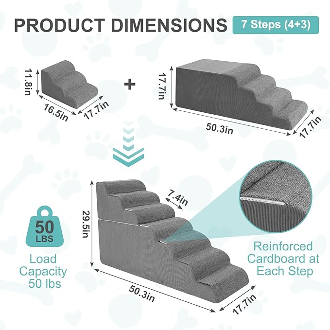 7-Step Dog Stairs for High Bed - 29.5" Adjustable Dog Ramps for Couch, Non-Slip Sturdy Pet Steps for Small Dogs, Washable Cover, Removable Modular Design, Dual 11.8” & 17.7” Steps for Custom Height-PawvioPets