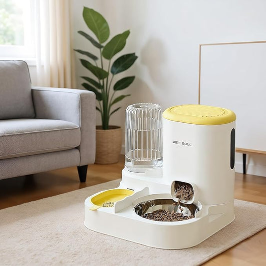 Automatic Cat Feeder & Water Dispenser - Dual Container for Dry/Wet Food, Two-in-One Upgraded Gravity Feeder and Water Dispenser Combo Set for Cats and Dogs.(Yellow)-PawvioPets