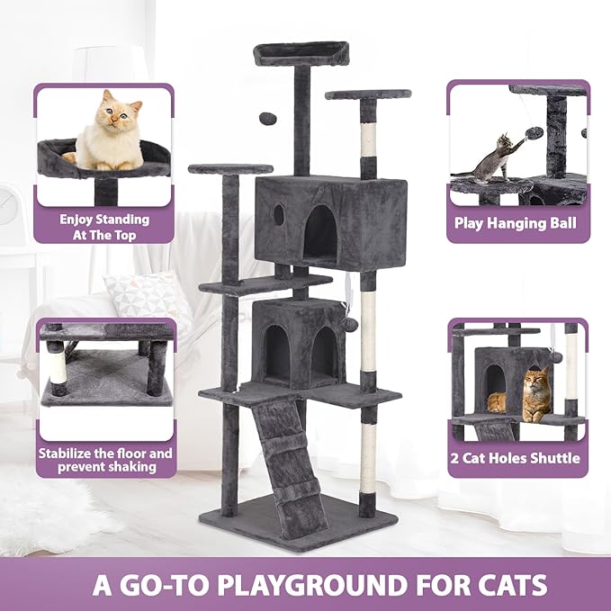 70 inches Cat Tower for Indoor Cats Multi-Level Cat Condos for XL Cat Tree Cat Climbing Tower with Scratching Posts, Hanging Toys,Light Gray-PawvioPets
