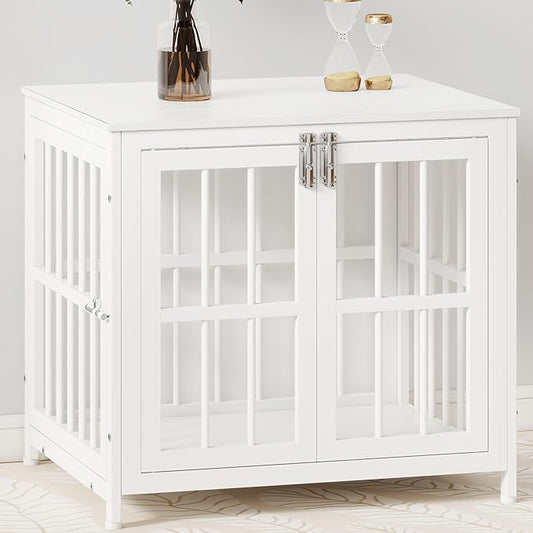 26 Inch Heavy Duty Wooden Dog Kennel End Table with Double Door Design and Secure Locks, Indoor Pet Crate Furniture for Small Dogs, Decorative Home Cage Design,White-PawvioPets