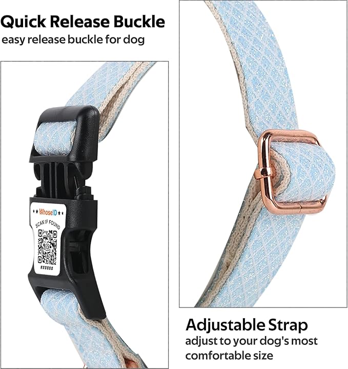 Dog Collar with Waterproof AirTag Holder & Anti-Lost QR Code, Cute Bling Warpping Adjustable Width for Small Medium Large Pet (Light Blue, S)-PawvioPets