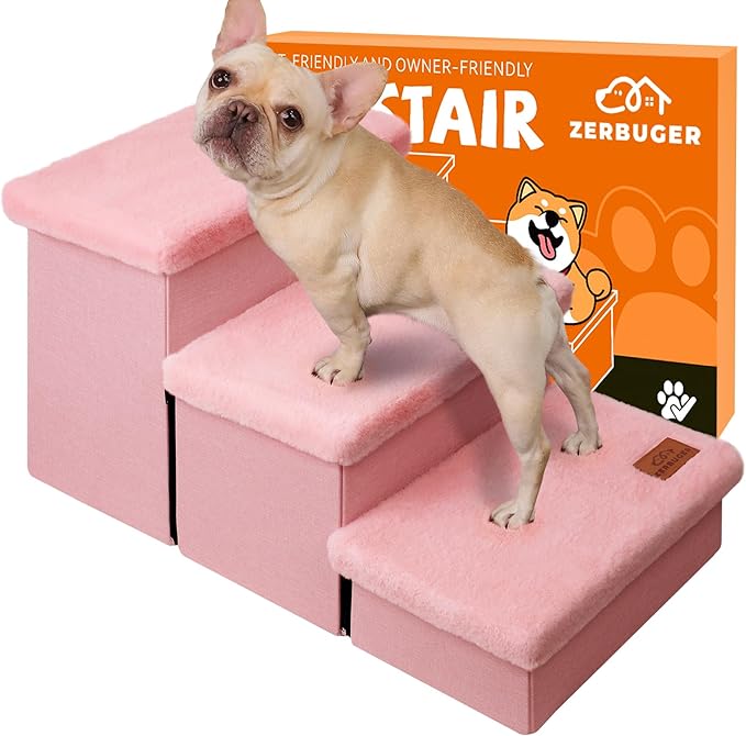 Dog Stairs with Furry Lids 18" H, 3-Step Wider Dog Steps with Storage for Small/Medium/Large Dogs Cats, Folding Sturdy Pet Stairs Climbing Bed or Sofa, Ramp for Car Hold Up to 200 lbs, Pink-PawvioPets