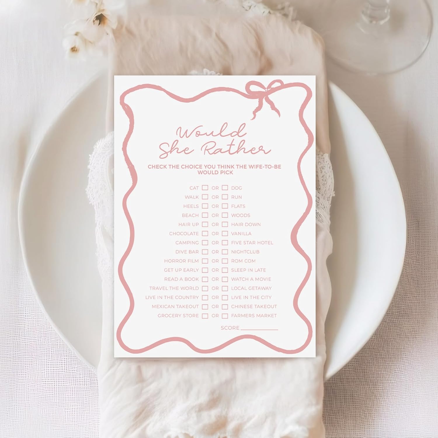 DEEKA 30 PCS Bridal Shower Games Card for 30 Guests White Pink Wavy Border Ribbon Bow Funny Wedding Bachelorette Party Games for Reception (Would She Rather)