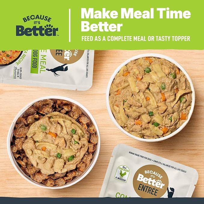 Because it's Better Entrée Complete Meal, Chicken & Pasta Recipe, Human Grade Wet Dog Food, 10 oz Pouches, 6 Count-PawvioPets