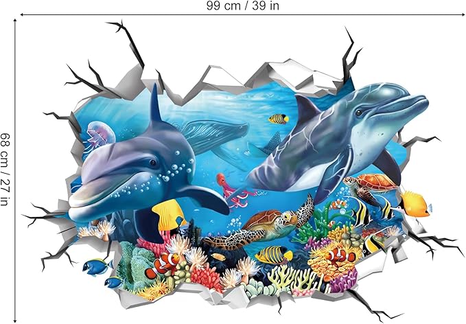 decalmile 3D Under The Sea Dolphin Fish Wall Decals Ocean Turtle Seaweed Broken Wall Stickers Boys Bedroom Living Room Bathroom Wall Decor-PawvioPets